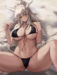  1girl arknights artist_name bed_sheet bikini black_bikini breasts chihunhentai grey_hair hair_between_eyes highres horns large_breasts long_hair looking_at_viewer lying navel on_back parted_lips pointy_ears ponytail red_eyes shining_(arknights) smile solo swimsuit thighs white_horns 