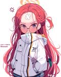  1girl anger_vein bandaid bandaid_on_face bandaid_on_forehead blue_archive blue_eyes bow braid closed_mouth hair_bow halo hands_in_pockets highres jacket long_hair long_sleeves looking_at_viewer pink_bow pixiv_id red_hair round_eyewear simple_background solo sseopik sun twitter_username very_long_hair white_background white_jacket yuzu_(blue_archive) 