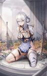  1girl arms_behind_back bandaged_arm bandaged_leg bandages bdsm bondage bound bound_arms bound_legs breasts closed_mouth commentary_request commission english_commentary flower grey_hair hair_between_eyes hair_flower hair_ornament highres kaine_(nier) kneeling large_breasts long_hair looking_at_viewer looped_braids mixed-language_commentary negligee nier nier_(series) orange_eyes outdoors paid_reward_available restrained shibari single_bare_shoulder solo thigh_strap white_flower yusha_m 