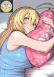 1girl absurdres antenna_hair blonde_hair blue_shirt blush breasts closed_mouth commentary_request emoji from_side green_eyes heart highres large_breasts light_smile long_hair looking_at_viewer lying multiple_sources nose_blush object_hug on_bed on_side pillow pillow_hug reference_inset revision shirt sleeveless sleeveless_shirt solo tmasyumaro tsurumaki_maki upper_body voiceroid yes yes-no_pillow 