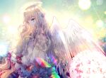  1girl bare_shoulders bow dress feathered_wings flower frilled_dress frills from_side grey_eyes hair_flower hair_ornament halo highres kazu_(muchuukai) long_hair looking_at_viewer original purple_bow solo very_long_hair white_dress white_wings wings 