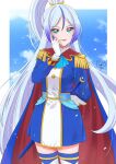  1girl blue_cape blue_eyes blue_hair cape epaulettes fingerless_gloves gloves gradient_hair grey_hair high_ponytail highres hirogaru_sky!_precure long_hair moro_precure multicolored_hair pink_eyes precure red_cape shalala_(precure) solo streaked_hair thighhighs two-sided_cape two-sided_fabric uniform very_long_hair white_gloves 
