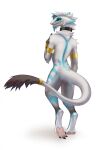  accessory armband blue_markings collar fur furgonomics hi_res long_tail looking_at_viewer looking_back looking_back_at_viewer male markings neck_tuft nude pawpads sergal solo tail tail_accessory tail_tuft tailband tavris tuft victor_(artofowl) white_body white_fur 