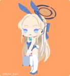  1girl :&lt; animal_ears artist_name blonde_hair blue_archive blue_bow blue_bowtie blue_eyes blue_footwear blue_hair blue_leotard blush bow bowtie braid breasts case chibi cleavage closed_mouth commentary detached_collar fake_animal_ears fake_tail full_body hair_bow halo headset high_heels highleg highleg_leotard holding_case kinubari_nerune leotard long_hair medium_breasts microphone multicolored_hair orange_background playboy_bunny rabbit_ears rabbit_tail sidelocks simple_background solo standing strapless strapless_leotard streaked_hair tail thighhighs toki_(blue_archive) toki_(bunny)_(blue_archive) twitter_username very_long_hair white_thighhighs wrist_cuffs 