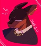  anthro benniver bone canid canine canis dobermann domestic_dog donnie_b. ear_piercing ear_ring female_(lore) friends_vs_friends headshot_portrait hi_res male mammal no_pupils piercing pinscher portrait ring_piercing signature simple_background skull solo tongue tongue_out 
