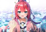  1girl :d black_bow black_neckerchief blue_eyes blurry blurry_background blush bokeh bow collarbone depth_of_field dot_nose fang hair_between_eyes hair_bow halo holding_hands hood hooded_jacket jacket kamiyama_shiki long_hair looking_at_viewer low-tied_long_hair neckerchief open_clothes open_jacket pink_jacket raised_eyebrows red_hair sailor_collar school_uniform serafuku shirt sidelocks smile solo sonchi straight-on summer_pockets teeth upper_body upper_teeth_only white_sailor_collar white_shirt 