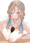  1boy 1girl absurdres blue_eyes blue_ribbon braid breasts breasts_squeezed_together brown_hair closed_mouth collarbone cum ejaculation facial french_braid hair_between_eyes hair_ribbon hetero highres jewelry kokechan kurusu_natsume long_hair multicolored_hair necklace nijisanji nipples nude paizuri penis red_hair ribbon smile solo_focus streaked_hair twin_braids virtual_youtuber wavy_mouth white_background 