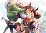  1girl animal_ears asymmetrical_docking bare_shoulders breast_press breasts brown_hair cleavage closed_eyes dress ear_ornament framed_breasts green_dress highres holding_hands horse_ears horse_girl horse_tail japanese_clothes kitasan_black_(umamusume) lace-trimmed_dress lace_trim large_breasts long_hair satono_diamond_(umamusume) sleeves_past_fingers sleeves_past_wrists smile tail thighhighs thighs umamusume underbust wanderlucia wide_sleeves zettai_ryouiki 