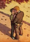  2boys alternate_facial_hair autumn_leaves bad_id bad_tumblr_id bara black_hair blonde_hair brown_shirt couple cris_art denim from_above full_body green_sleeves hand_in_another&#039;s_pocket hand_on_another&#039;s_ass hug hulkling jeans layered_shirt male_focus marvel multiple_boys pants shirt short_hair sideburns sideburns_stubble sparse_stubble standing thick_eyebrows wiccan yaoi 
