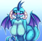  2023 absurd_res anthro areola big_breasts blue_body breasts digital_media_(artwork) dragon female friendship_is_magic grin hasbro heavymetalbronyyeah hi_res horn looking_at_viewer my_little_pony nipples non-mammal_breasts nude one_eye_closed princess_ember_(mlp) smile solo wings 