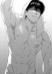  1boy abs armpit_hair armpits bara black_hair greyscale highres large_pectorals male_focus monochrome muscular muscular_male navel nipples om3632f pectorals rukawa_kaede short_hair slam_dunk_(series) solo towel towel_on_head twitter_username 