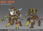  1girl 2023 artist_name bird_legs bird_wings character_name clenched_hand copyright_name english_commentary grey_background griffin highres logo nesskain official_alternate_costume omnic orisa_(overwatch) overwatch overwatch_2 robot simple_background solo tail weapon wings 