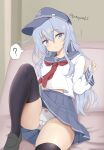  1girl ? anchor_symbol black_thighhighs blue_eyes flat_cap hat hibiki_(kancolle) highres kantai_collection long_hair looking_at_viewer panties pantyshot pleated_skirt school_uniform serafuku skirt tamayan thighhighs twitter_username underwear white_hair white_panties 