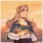  1girl blonde_hair blue_eyes blue_tunic cloud cloudy_sky highres long_hair long_sleeves looking_at_viewer orphetoon pointy_ears princess_zelda puffy_long_sleeves puffy_sleeves sky standing sunset the_legend_of_zelda the_legend_of_zelda:_breath_of_the_wild triforce 