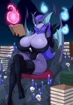  anthro bat big_breasts bone book breasts candle cleavage clothed clothing crossed_legs female huge_breasts jludragoon legwear lit_candle mammal skull solo thigh_highs 
