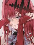  1girl absurdres ascot baobhan_sith_(fate) baobhan_sith_(first_ascension)_(fate) black_ribbon blood blood_on_breasts blood_on_face blood_on_hands closed_mouth crying crying_with_eyes_open detached_sleeves eyelashes fate/grand_order fate_(series) film_grain grey_ascot grey_background grey_eyes hair_between_eyes hands_up highres long_hair long_sleeves neck_ribbon neko_(h_i05) portrait red_hair red_sleeves ribbon simple_background sleeves_past_wrists solo tears tiara wiping_tears 