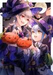  1boy 1girl alternate_costume animal bat_(animal) black_dress black_headwear blue_hair brown_eyes candy commentary commission corrin_(fire_emblem) corrin_(male)_(fire_emblem) corrin_(male)_(halloween)_(fire_emblem) creyton dress english_commentary fang father_and_daughter fire_emblem fire_emblem_fates fire_emblem_heroes food grey_hair halloween halloween_costume hat highres holding holding_candy holding_food holding_pumpkin holding_vegetable kana_(female)_(fire_emblem) kana_(fire_emblem) looking_to_the_side moon official_alternate_costume pointy_ears pumpkin red_eyes short_hair smile teeth twitter_username upper_teeth_only vegetable wide_sleeves witch_hat 