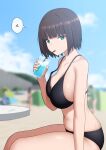  1girl aqua_eyes arm_at_side bare_shoulders beach bikini black_bikini blue_sky blunt_bangs blurry blurry_background bob_cut breasts brown_hair cleavage closed_mouth cloud collarbone commentary_request cup day drink drinking drinking_glass drinking_straw from_side hand_up highres holding holding_cup holding_drink ice ice_cube large_breasts legs_together looking_at_viewer maanii navel original outdoors shiny_skin short_hair sidelocks sitting sky solo_focus speech_bubble stomach sweat swimsuit table thighs translation_request variant_set 