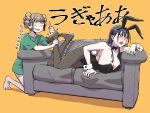  2girls animal_ears black_bow black_bowtie black_eyes black_hair black_pantyhose blush bou bow bowtie braid braided_bun breasts brown_hair character_request cleavage commentary_request constricted_pupils couch detached_collar double_bun fake_animal_ears fake_tail foot_tickling fuu-chan_(fuu-chan_no_ana) fuu-chan_no_ana hair_bun highres huge_breasts kneeling long_hair multiple_girls pantyhose playboy_bunny rabbit_ears rabbit_tail shirt t-shirt tail tears traditional_bowtie translation_request v-shaped_eyebrows wrist_cuffs 