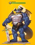  abs adventurer_(vorusuarts) anthro big_bulge big_pecs black_claws blue_body bulge claws clothing dragon gameplay_mechanics gui health_bar hi_res horn male melee_weapon muscular muscular_anthro muscular_male nipples pecs solo sword underwear vorusuarts weapon wings 