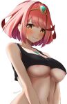  1girl absurdres bare_shoulders bikini black_bikini blush breasts brown_eyes chest_jewel covered_nipples highres kanuici336 navel nipples pyra_(xenoblade) red_hair shy simple_background smile solo swimsuit upper_body white_background xenoblade_chronicles_(series) xenoblade_chronicles_2 