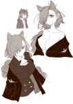  1girl absurdres aged_down animal_ears arknights ascot bare_shoulders braid breasts cleavage closed_mouth coat collarbone cropped_torso ears_through_headwear extra_ears hair_over_one_eye highres jacket justina_(sduy5347) large_breasts long_hair looking_at_viewer low_twintails multiple_views no_bra off_shoulder open_clothes open_coat open_jacket penance_(arknights) shirt simple_background single_braid twintails upper_body v-shaped_eyebrows very_long_hair white_background wolf_ears 
