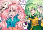  2girls ;d alternate_hairstyle aqua_shirt circle closed_mouth commentary floral_print fub_(fubimanji) green_eyes green_skirt hata_no_kokoro heart heart_of_string highres komeiji_koishi long_hair looking_at_viewer mask medium_hair multiple_girls one_eye_closed open_mouth pink_eyes plaid plaid_shirt polka_dot polka_dot_background rose_print shirt skirt smile star_(symbol) third_eye touhou triangle twintails upper_body x yellow_shirt zoom_layer 