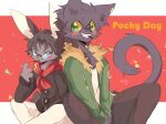  anthro biped black_body black_fur blush blush_lines clothed clothing domestic_cat duo eyewear felid feline felis food fur glasses green_clothing green_eyes hair lagomorph leporid leslichu male mammal pocky pocky_day rabbit smile tail 