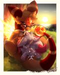  ampharos backsack balls bodily_fluids cum cum_in_pussy cum_inside eyewear female fennekin fire freckles fusion generation_2_pokemon generation_6_pokemon genital_fluids genitals gingy_(gingy_k_fox) gingy_k_fox glasses hi_res litho_(stormysparkler) male male/female nintendo outside paws penis pokemon pokemon_(species) pokemon_fusion pussy sea sex size_difference smaller_male sunset tylphlosion water 