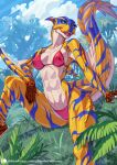 2023 abs alanscampos anthro bikini blue_body blue_eyes breasts capcom clothing collarbone female flying_wyvern glistening glistening_body grass hand_on_leg hand_on_thigh hi_res membrane_(anatomy) membranous_wings monster_hunter nipple_outline open_mouth outside pink_bikini pink_clothing pink_swimwear plant pupils sharp_teeth sitting slit_pupils solo striped_body stripes swimwear tan_body teeth tigrex tree wings yellow_body 