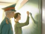  2boys axis_powers_hetalia black_hair blonde_hair chalk chalkboard china_(hetalia) epaulettes green_eyes hat hero_of_the_soviet_union highres low_ponytail mao_jacket military military_hat military_jacket military_uniform multiple_boys neck necktie peaked_cap purple_eyes russia_(hetalia) skkfeijin soviet_army uniform 