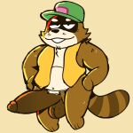  2023 anthro balls big_penis brown_body canid canine clothing erection genitals hat hay headgear headwear hi_res hyenamilkshake itoi_shigesato_no_bass_tsuri_no._1 janjamilkshake male mammal navel penis raccoon_dog simple_background solo tanuki 