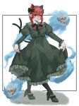  1girl animal_ears arms_up black_bow bow braid breasts cat_ears cat_tail clothes_pull dress extra_ears floating_skull full_body green_dress hair_bow hair_ribbon high_heels highres hitodama juliet_sleeves kaenbyou_rin light_blush long_hair long_sleeves looking_at_viewer looking_down nekomata pantyhose parted_lips pointy_ears puffy_sleeves red_eyes red_hair ribbon saya_marochan simple_background skirt skirt_pull small_breasts solo tail touhou tress_ribbon twin_braids white_background 