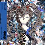  1girl abstract absurdres album_cover anabone blue_eyes brown_hair closed_mouth commentary_request cover curly_hair denonbu hair_between_eyes hair_ribbon hair_tie hand_on_own_chest highres long_hair looking_at_viewer official_alternate_hairstyle official_art ogami_matoi red_ribbon ribbon second-party_source solo twintails upper_body 