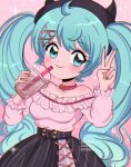  1990s_(style) 1girl absurdres artist_name black_headwear black_skirt blue_eyes blue_hair blush breasts bubble_tea chelly_(chellyko) choker collarbone drink drinking_straw hair_ornament hat hatsune_miku heart heart_choker highres holding holding_drink long_hair long_sleeves looking_at_viewer medium_breasts pink_background pink_choker pink_shirt retro_artstyle shirt skirt smile solo sparkle standing twintails v vocaloid watermark x_hair_ornament 