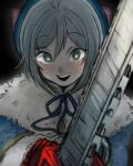  +_+ 1girl antenna_hair beret blue_coat blue_eyes blue_headwear blue_ribbon blurry blurry_foreground blush bow chainsaw coat commentary_request crazy_smile dennou_shoujo_youtuber_siro depth_of_field fur-trimmed_coat fur_trim grey_hair hair_ornament hat hat_bow highres holding holding_chainsaw long_sleeves looking_at_viewer minazuki_(0038) neck_ribbon open_mouth pink_bow raised_eyebrows ribbon sanpaku short_hair siro_(dennou_shoujo_youtuber_siro) solo straight-on upper_body virtual_youtuber x_hair_ornament 