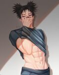  1boy abs black_eyes black_hair blue_shirt choso_(jujutsu_kaisen) clothes_lift covering_mouth guilty_challenge_(meme) hand_over_own_mouth highres jujutsu_kaisen male_focus meme muscular muscular_male navel pants shirt shirt_lift short_hair solo stomach stv_viz twintails 
