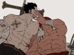  2boys abs aged_down bandaid_on_stomach bara black_hair blood dark-skinned_male dark_skin dracule_mihawk hand_on_another&#039;s_cheek hand_on_another&#039;s_face injury large_pectorals long_sideburns lying male_focus mature_male multiple_boys muscular muscular_male navel nipples on_back one_piece panipani7320 pectorals shanks_(one_piece) short_hair sideburns smirk stomach strongman_waist thick_eyebrows topless_male yaoi 