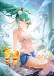  1girl :3 absurdres aqua_eyes aqua_hair arm_support beamed_sixteenth_notes bikini blue_shorts blue_sky breasts cleavage cloud day eighth_note floating_hair flower food frilled_bikini frills fruit hair_between_eyes hair_flower hair_ornament happyongdal hatsune_miku highres jewelry long_hair looking_at_viewer medium_breasts musical_note navel necklace palm_tree parfait polka_dot polka_dot_bikini shorts sitting sixteenth_note sky smile soaking_feet solo stomach swimsuit tree very_long_hair vocaloid water watermelon 