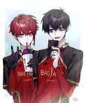  2boys absurdres black_gloves black_hair black_shirt blue_background blue_eyes blue_lock braid cellphone cup drinking_straw drinking_straw_in_mouth gloves hand_up hands_up highres holding holding_cup holding_phone isagi_yoichi kurona_ranze long_sleeves looking_at_viewer male_focus multiple_boys open_mouth phone red_eyes red_hair red_shirt shirt short_hair side_braid single_braid smartphone smile two-tone_shirt unagibo v 