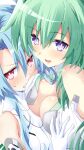  2girls angry bare_shoulders blue_hair breast_envy breast_press breasts elbow_gloves gloves green_hair green_heart hair_between_eyes highres iwashi_dorobou_-r- large_breasts leotard long_hair looking_at_viewer multiple_girls neptune_(series) open_mouth power_symbol purple_eyes red_eyes small_breasts symbol-shaped_pupils very_long_hair white_gloves white_heart white_leotard 