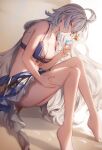  1girl ahoge bare_legs bare_shoulders barefoot bikini bikini_top_only blue_bikini braid breasts brown_eyes cleavage collarbone cup dagger dutch_angle flower genyaky granblue_fantasy hair_between_eyes hand_on_own_thigh hand_up highres holding holding_cup knees_up knife large_breasts legs long_hair looking_at_viewer parted_lips print_sarong sarong sheath sheathed signature silva_(granblue_fantasy) simple_background sitting solo stomach swimsuit twin_braids underwear very_long_hair weapon 