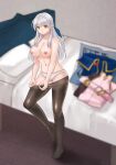  1girl absurdres bed black_pantyhose blue_ribbon breasts commentary_request fire_emblem fire_emblem:_radiant_dawn full_body hair_ribbon hazuki_(nyorosuke) highres indoors large_breasts long_hair micaiah_(fire_emblem) navel nipples no_shoes pantyhose ribbon solo standing stomach topless undressing very_long_hair white_hair yellow_eyes 