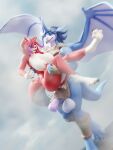  3d_(artwork) anthro balls big_breasts breasts canid canine canis carrying carrying_another danielle_sterling_(spitfire420007) digital_media_(artwork) dragon duo eye_contact female frihskie frihskie_(character) genitals hi_res horn huge_breasts looking_at_another male male/female mammal nude penis wings wolf 