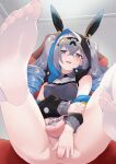  1boy absurdres anal anal_fingering black_shirt blue_hair bronya_zaychik bronya_zaychik_(haxxor_bunny) chastity_cage covered_nipples drill_hair feet fingering foot_focus goggles goggles_on_head gradient_hair grey_eyes grey_hair hair_between_eyes highres honkai_(series) honkai_impact_3rd hood hood_up long_hair looking_at_viewer male_focus male_masturbation masturbation multicolored_hair no_shoes open_mouth otoko_no_ko shirt sleeveless sleeveless_shirt soles solo teeth testicles thighhighs toes twin_drills twintails upper_teeth_only user_fhmd8472 white_thighhighs 