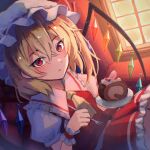  1girl :i ascot blonde_hair bo_cota cake collared_shirt crystal fang flandre_scarlet food fork frilled_shirt_collar frills hair_between_eyes hat highres holding holding_fork holding_plate indoors long_hair looking_at_viewer mob_cap one_side_up open_mouth plate red_eyes red_skirt red_vest shirt sitting skirt smile solo touhou vest white_headwear white_shirt window wings wrist_cuffs yellow_ascot 
