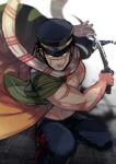  1boy bare_pectorals black_pants closed_mouth fighting_stance golden_kamuy holding holding_sword holding_weapon male_focus military onnomono open_clothes pants pectorals red_scarf scar scar_on_arm scar_on_cheek scar_on_chest scar_on_face scar_on_mouth scar_on_nose scarf solo sugimoto_saichi sword weapon white_scarf 