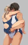  2girls blonde_hair blue_one-piece_swimsuit breasts brown_hair carrying competition_swimsuit dark-skinned_female dark_skin grey_background hair_between_eyes height_difference highres large_breasts long_hair m_k motion_lines multiple_girls one-piece_swimsuit original red_eyes short_hair simple_background small_breasts standing sweat swimsuit tan thick_thighs thighs tomboy yuri 