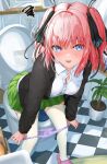  absurdres bathroom black_cardigan black_ribbon blue_eyes blurry bob_cut breasts butterfly_hair_ornament cardigan collared_shirt depth_of_field go-toubun_no_hanayome green_skirt hair_ornament hair_ribbon highres indoors leaning_forward looking_at_viewer medium_hair momiji_akiba nakano_nino open_cardigan open_clothes open_mouth panties panty_pull pink_footwear pink_hair pink_panties plant pleated_skirt potted_plant pulled_by_self ribbon school_uniform shirt sidelocks skirt slippers sweatdrop swirl thighhighs toilet two_side_up underwear white_shirt white_thighhighs 