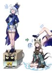  !? 2girls absurdres ahoge animal_ears arms_behind_back ascot black_ascot black_footwear black_gloves blue_hair blue_headwear blue_jacket box brooch brown_hair cardboard_box cat_ears cat_girl cat_tail commentary fingerless_gloves furina_(genshin_impact) genshin_impact gloves green_eyes hat hayarob high_heels highres jacket jewelry kirara_(cat)_(genshin_impact) kirara_(genshin_impact) long_hair long_sleeves midriff multicolored_hair multiple_girls multiple_tails open_mouth ponytail shoes shorts simple_background spoken_interrobang standing_on_box tail top_hat two-tone_hair white_background white_hair white_shorts 